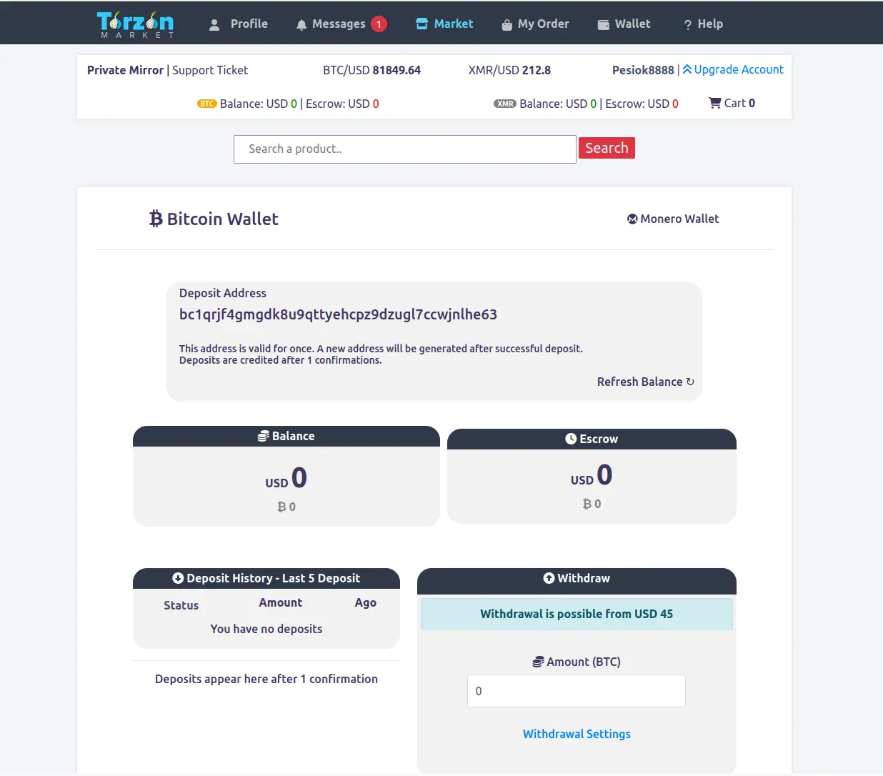 Torzon Market cryptocurrency wallet management interface showing Bitcoin and Monero balance tracking and secure transaction processing